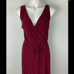 Chaps Merlot White Polka Dot V Neck Tie Waist Midi Dress - M
